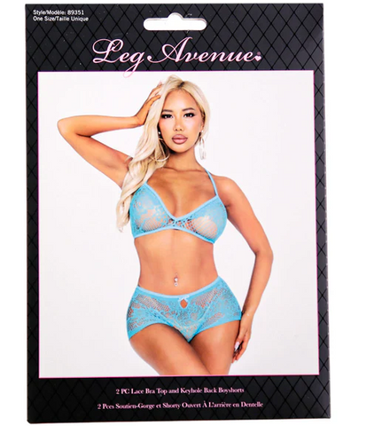 Leg Avenue - 2 Piece Strappy Lace Bra Top & Keyhole Back Boyshorts – Turquoise